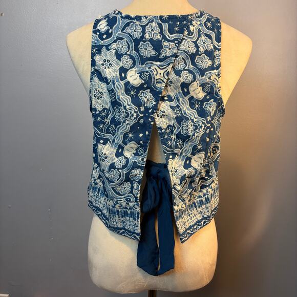 Free People Bare It All Blue All Over Print Linen Blend Tank Tie Back Boho XS - Picture 2 of 9